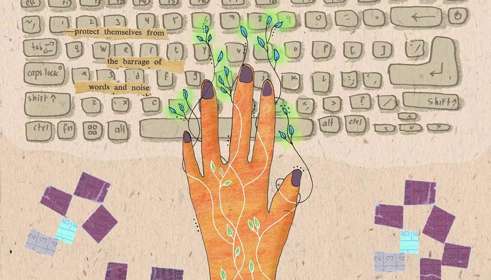 Image description: Collage showing keyboard and fingers. 