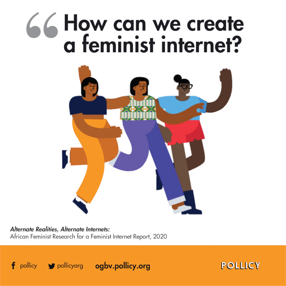 Three women walking together. Text: How we can create a feminist internet?