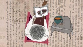 Image description: Collage showing top of head and book on text. Artist: Catalina Alzate