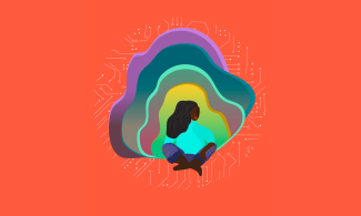 Illustration of a black woman, with long wavy hair, reflecting/meditating against a colourful cloud-shape background.