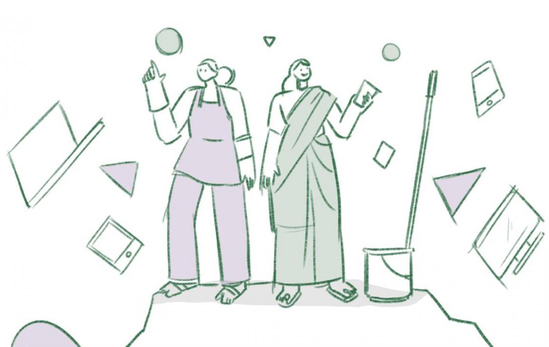 Illustration of two women domestic workers standing up together, surrounded by work assets and digital devices.